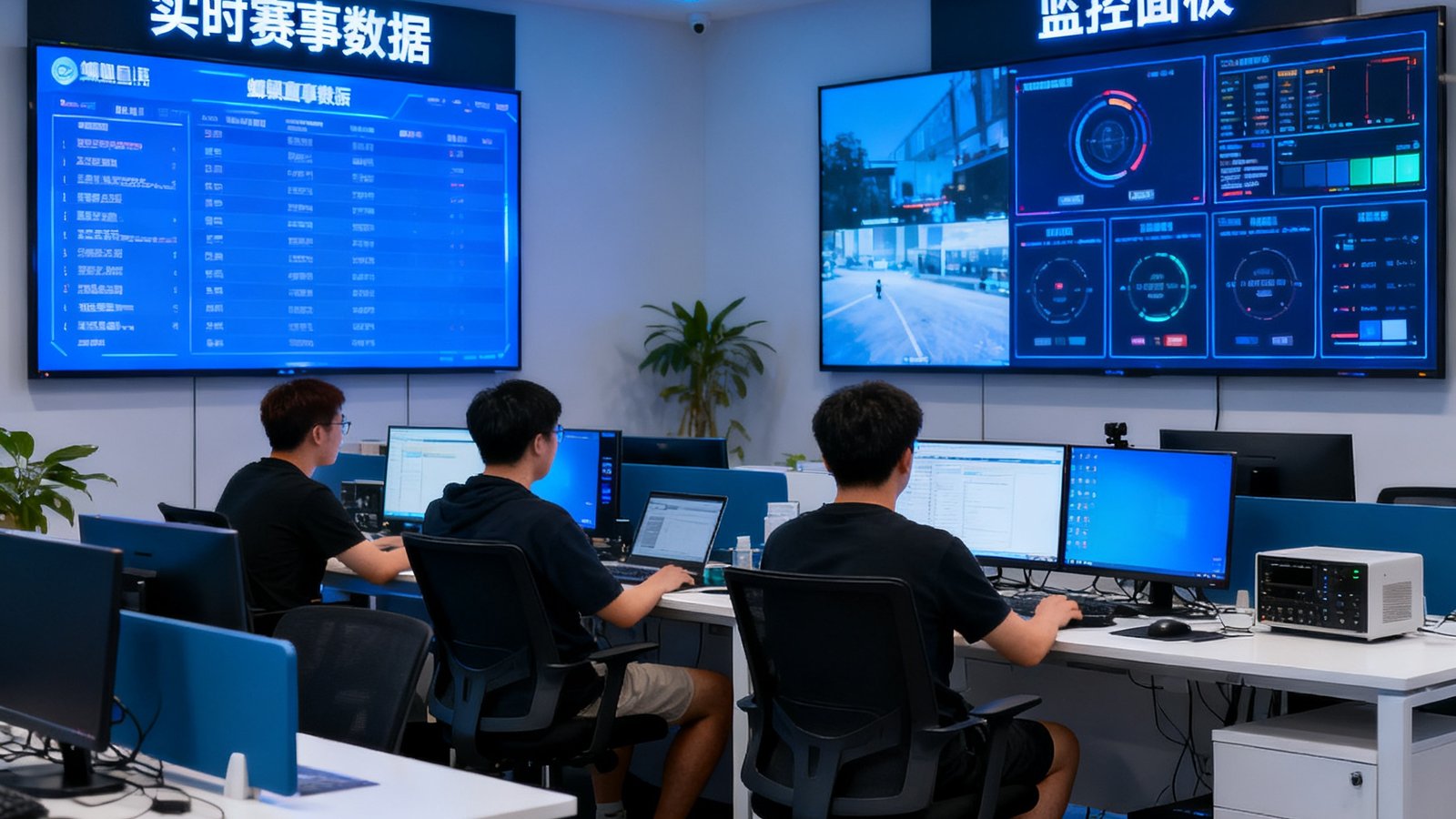 蜘蛛直播科技公司办公室内景，技术团队成员在开放式办公区协作工作，墙上大屏幕显示实时赛事数据和监控面板，氛围现代专业