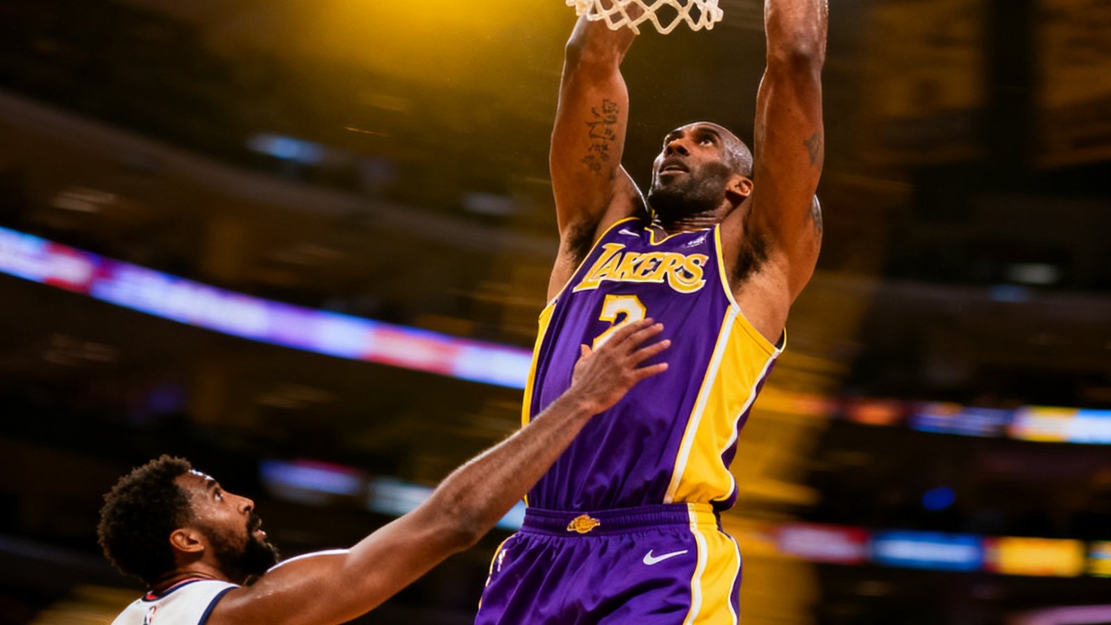 NBA比赛中球员飞身扣篮的震撼瞬间，身穿紫色球衣的球员单手暴扣，防守球员试图封盖