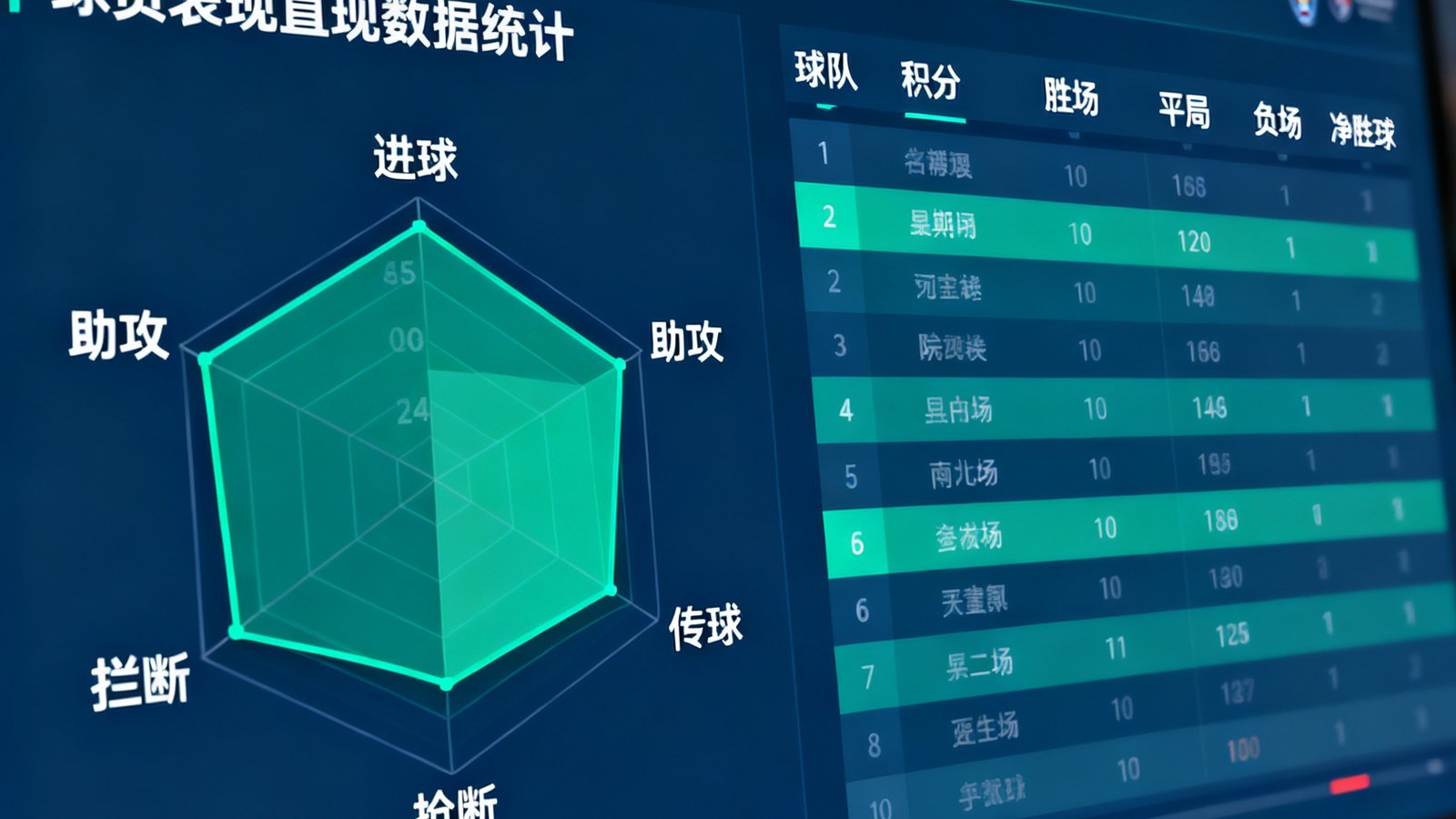蜘蛛直播数据统计页面，展示球员表现雷达图包含进球、助攻、传球等六维数据，右侧为英超积分榜表格